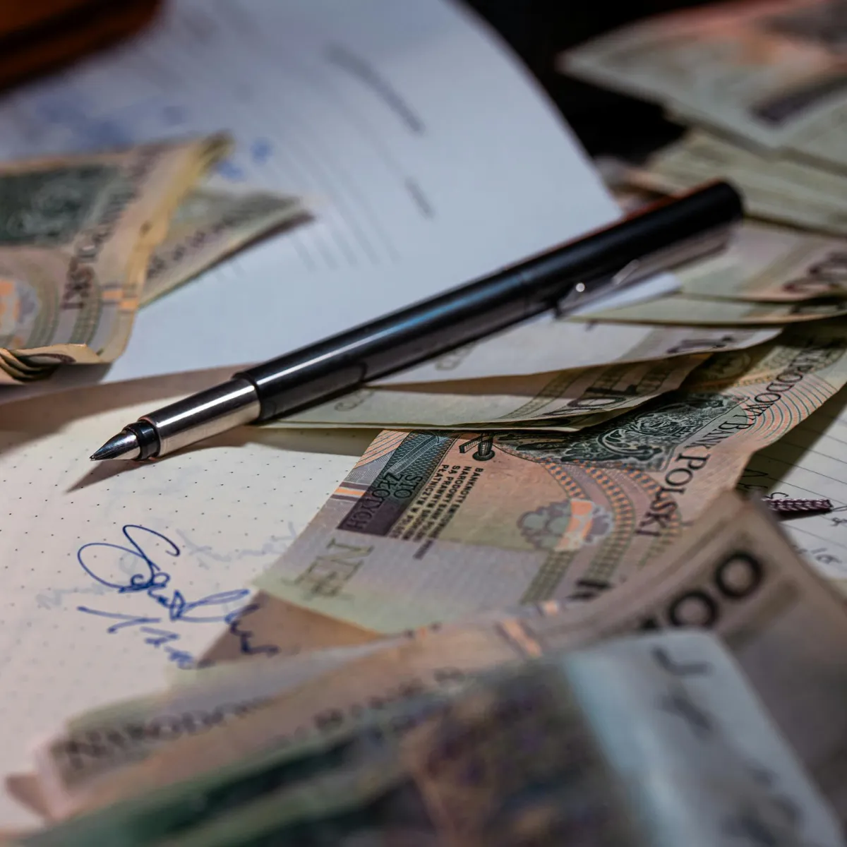 Pióro wieczne leżące na dokumentach finansowych w otoczeniu polskich banknotów, symbolizujące przygotowanie wniosku o upadłość konsumencką 2026 i początek drogi do oddłużenia.